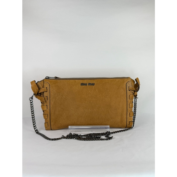 Miu Miu Handbags - Women's Authentic Miu Miu Tan Leather Clutch Chain Crossbody Bag Metal Braided